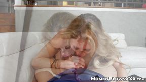 Blonde MATURE Casca Akashova gives sloppy BJ on movie night