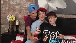 Leo Rain plus two twinks locked in intense mutual blowjob loop