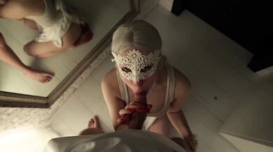 Blonde student chokes on thick cock in homemade mirror blowjob