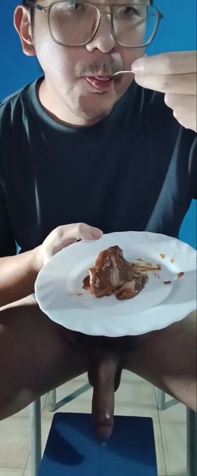 Asian guy with a big long cock, masturbating and spitting cum, after that eating his own cum.