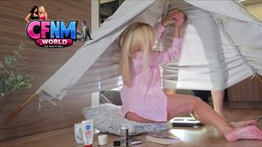 Amazingly Beautiful Hottest Blonde Has a Tent with a Glory Hole and While She Enjoys Her Tea She Likes to Have Cum on Her Legs