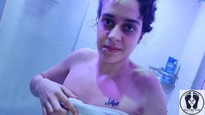 taking a hot shower with soap, lots of soap and boob massage