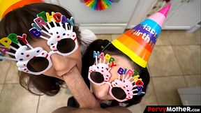 MILF mom and her girlfriend celebrate birthday with a wild POV threesome