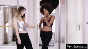 ”Interracial lesbo girls fucking hard at the dance studio”