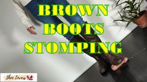 Brown boots: hard cock stomping, bootjob, shoejob, cock trampling, wide view 45° version