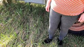 Blouse down and tits pounding in the middle of the meadow