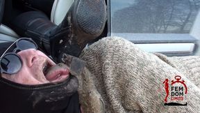 Slave licks dirty muddy heels and soles