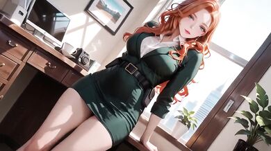 Redhead secretary in deep green silk suit strikes a confident pose on the leather chair and teases cock with lazy fingertips on the wooden desk in the corridor
