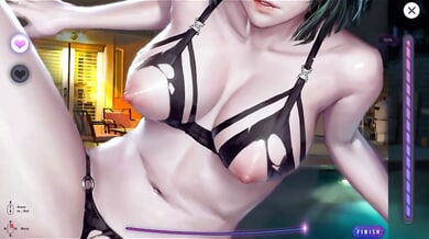 Virtual anime vixen Midori teases in black lingerie by the moonlit pool