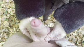 Amateur German couple has a latex-gloved handjob in the forest