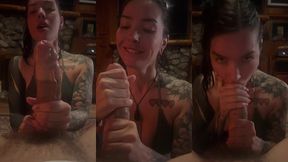 cozy cabin blowjob from heavily tattooed canadian cock worshipper