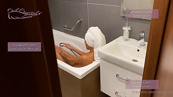 Slender blonde babe Owl Crystal sucks dick in the bathroom (POV)