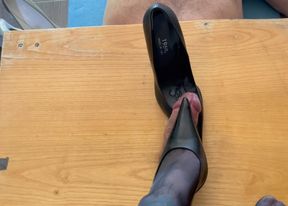 Shoejob over cockbox with long pointed heels and cum inside shoe before wear it