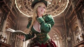 Steampunk Blonde Secretary! Lazy poses amidst giant gears, adjusting goggles with a teasing gaze.