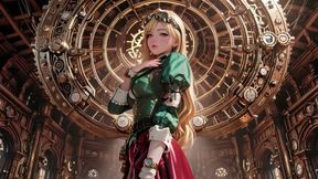 Steampunk Blonde Secretary! Lazy poses amidst giant gears, adjusting goggles with a teasing gaze.