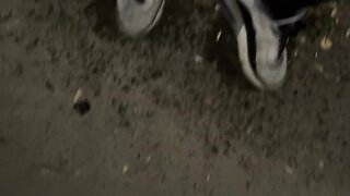 Night walking in pantyhose: teen boy flashes no pants on close road