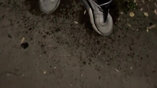 Night walking in pantyhose: teen boy flashes no pants on close road