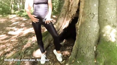 Woodland skintight leather show.. orgasms in the wild