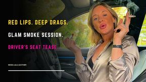 Blonde British MILF in BMW: Sensual Cigarette Smoking While Applying Bold Red Lipstick in Satin & Leather Outfit - Miss Lulu Leather - MP4 HD