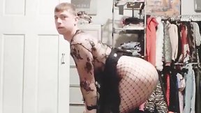 Femboy aroused to show twinks his new fishnets!