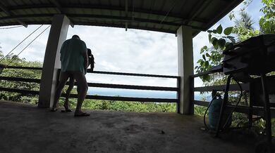 Tiny pink Asian on terrace riding white cock in wild nature park like a filthy little pet