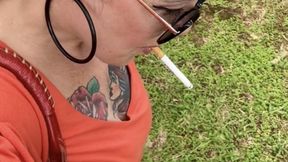 Fulfilling requests - Smoking my red Marlboro and walking in the park, in the 40 degree heat, my lungs felt quite, almost out of breath - Deep Inhales, Crush, Long red nails, sneakers, sunglasses