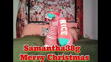 Naughty or nice candy cane striped Christmas knee high socks on a bbw with tits & ass popping out of sexy red lingerie ASMR with Samantha38g