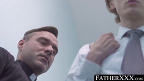FatherXXX.com - Twink and daddy priest swap blowjobs before engaging in a raw, sacred