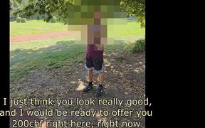 Random Straight Hairy Muscle Runner Convinced to Get His First Male Blowjob