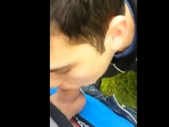 Twink sucking cock in the park and getting the cum