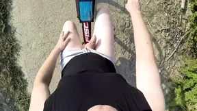 Naked and horny in public - POV cam - Riding nude in nature, shaved body, exhibitionist masturbate to cumshot