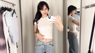 Petite brunette shreds see through clothes in public