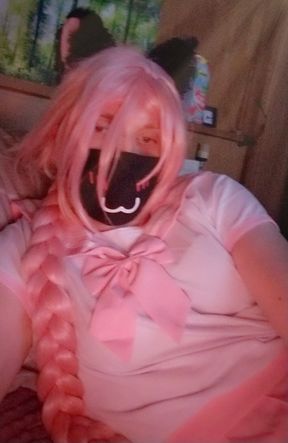 Cute femboy in Astolfo Coseplay, with plug, toy, cage, gets sissygasm