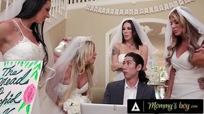 Busty brides share a wedding planner's dick in hot group sex.