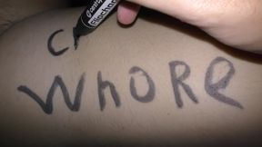 BBW wife with a hairy pussy get covered in dirty body writings like a slut! - Milky Mari