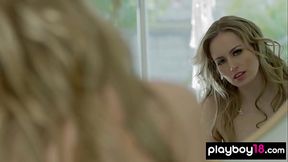 Petite blonde teen Scarlet Sage fingers her tight pussy