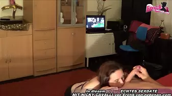 Horny brunette gives a guy a blowjob