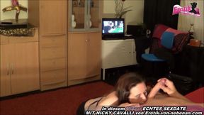 Horny brunette gives a guy a blowjob