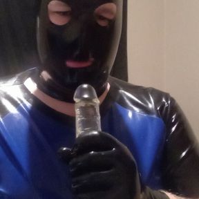 BLUE-BLACK LATEX DILDO SUCKING AND WANKING