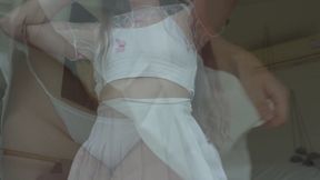 Blue-Eyed Brunette Teases Her Wet Pussy and Pretty Feet