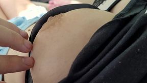 College girl in sexy bra toys with cock with big natural boobs