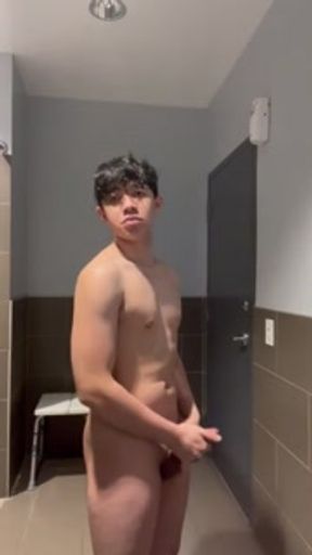 Fit asian twink bathroom jerkoff