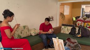in the living room of my house, neighbors visiting