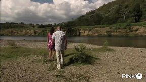 Two hot guys pleasure a slutty girl by the river