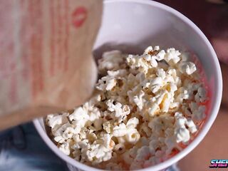 Sexy Slender Trans Screws Her Sexy Girlfriend with a Surprize in Popcorn Bucket
