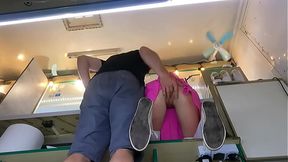 Young 18yo brunette shop assistant gets her pussy played with while talking to a customer