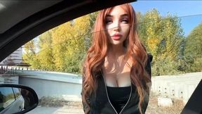 Redhead teen sucks dick&#x1F346; in moving car, massive titties jiggling wildly with each bump