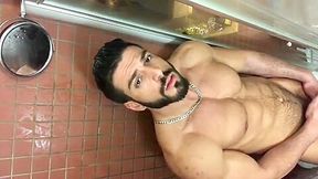 Muscle hunk solo showering