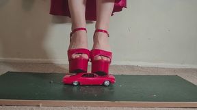 Giantess Lily Kink toy car crush of a 67 Chevelle SS in big mega red heels and stomping the bits in a box close ground view