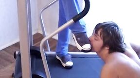 Slave trampled on a treadmill sniffin dirty mistress' shoes & feets